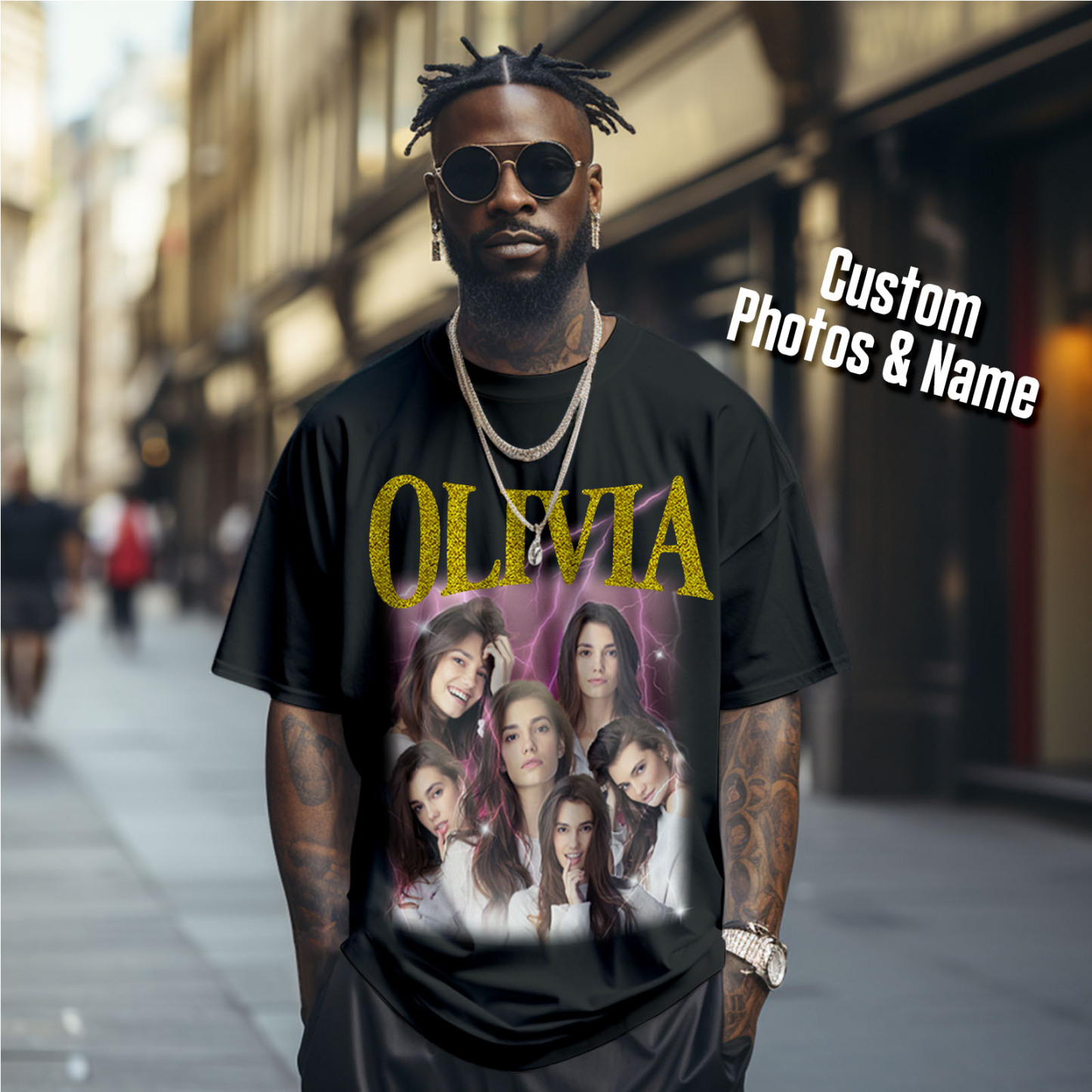 Custom Photo Vintage Tee Personalized Applique Glitter Name T-shirt Couple Gifts - Get Photo Blanket