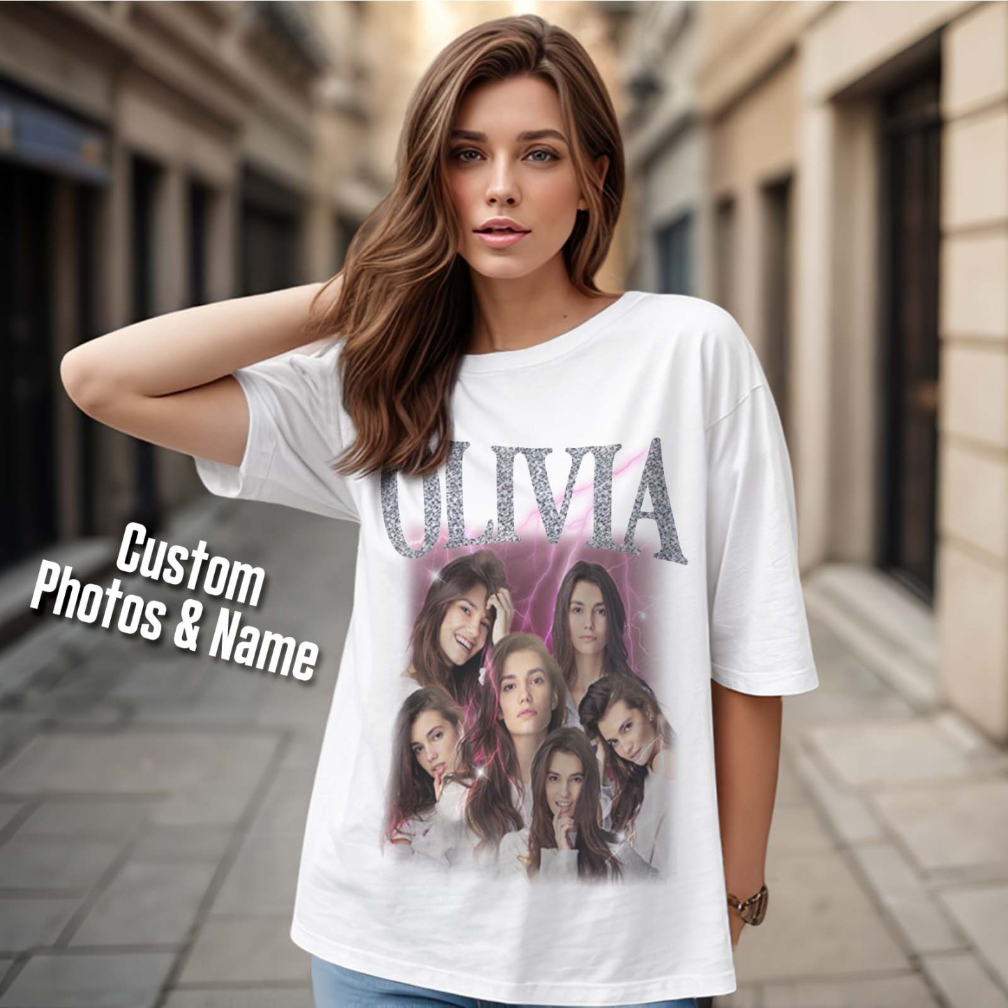 Custom Photo Vintage Tee Personalized Applique Glitter Name T-shirt Couple Gifts - Get Photo Blanket