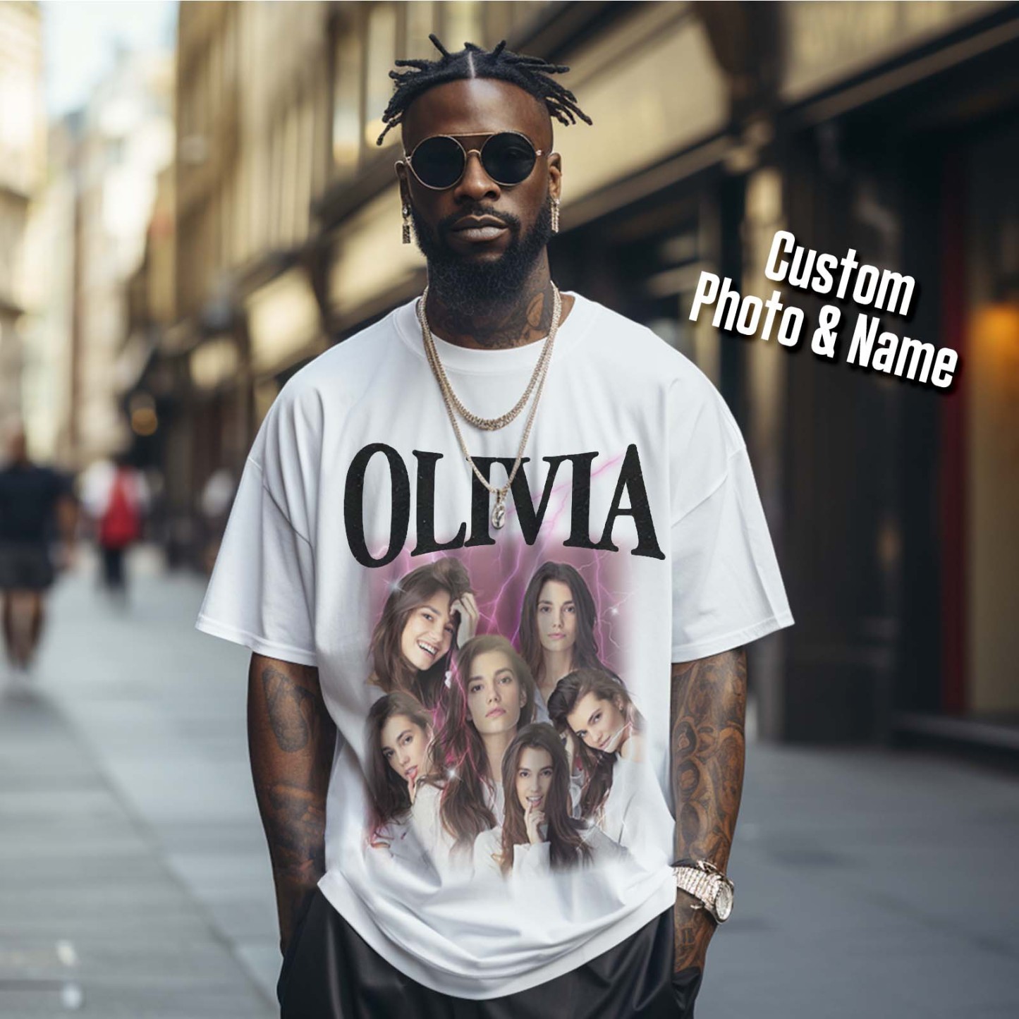 Custom Photo Vintage Tee Personalized Applique Glitter Name T-shirt Couple Gifts - Get Photo Blanket