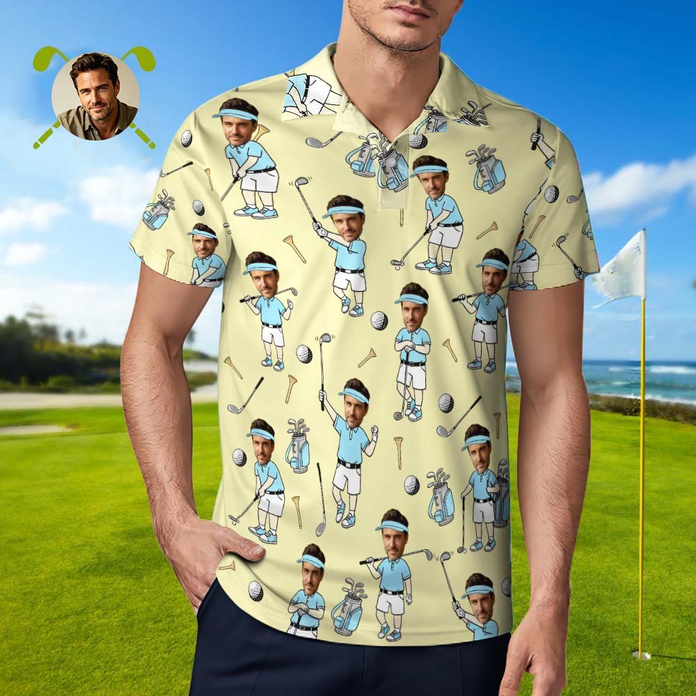 Custom Face Golf Polo Shirt for Men, Funny Cartoon Golfer Shirt, Matching Golf Team Polo, Summer Golf Shirt, Personalized Golf Lover Gift - Get Photo Blanket