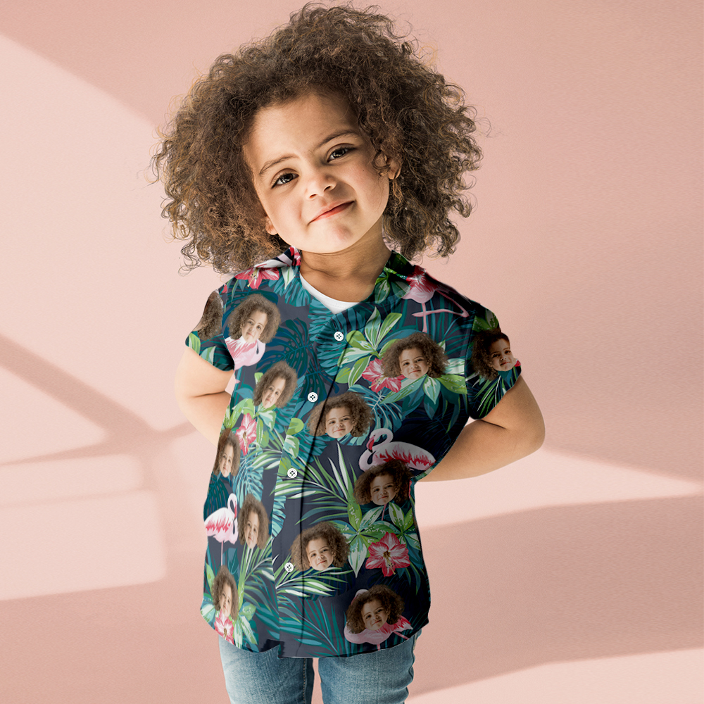 Custom Photo Hawaiian Shirt Parent-child Wears Personalised Face Hawaiian Shirt Gift Flamingo Flower - Get Photo Blanket