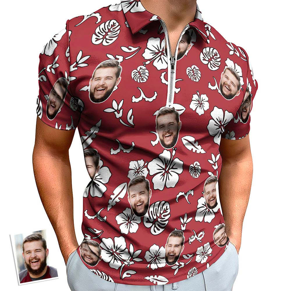 Custom Red Flowers Men's Polo Shirt Personalized Face Funny Polo Shirt with Zipper