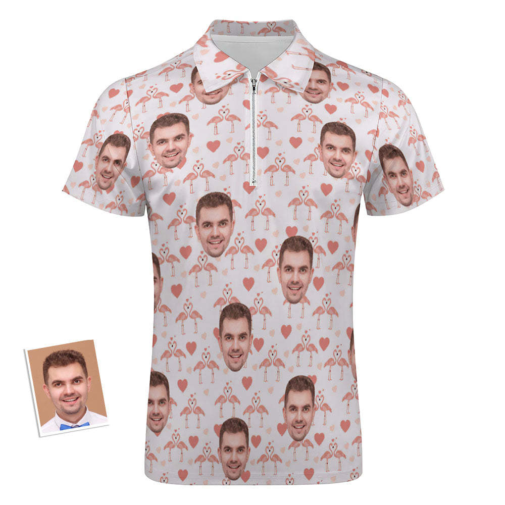 Custom Flamingo Love Men's Polo Shirt Personalized Face Funny Polo Shirt with Zipper