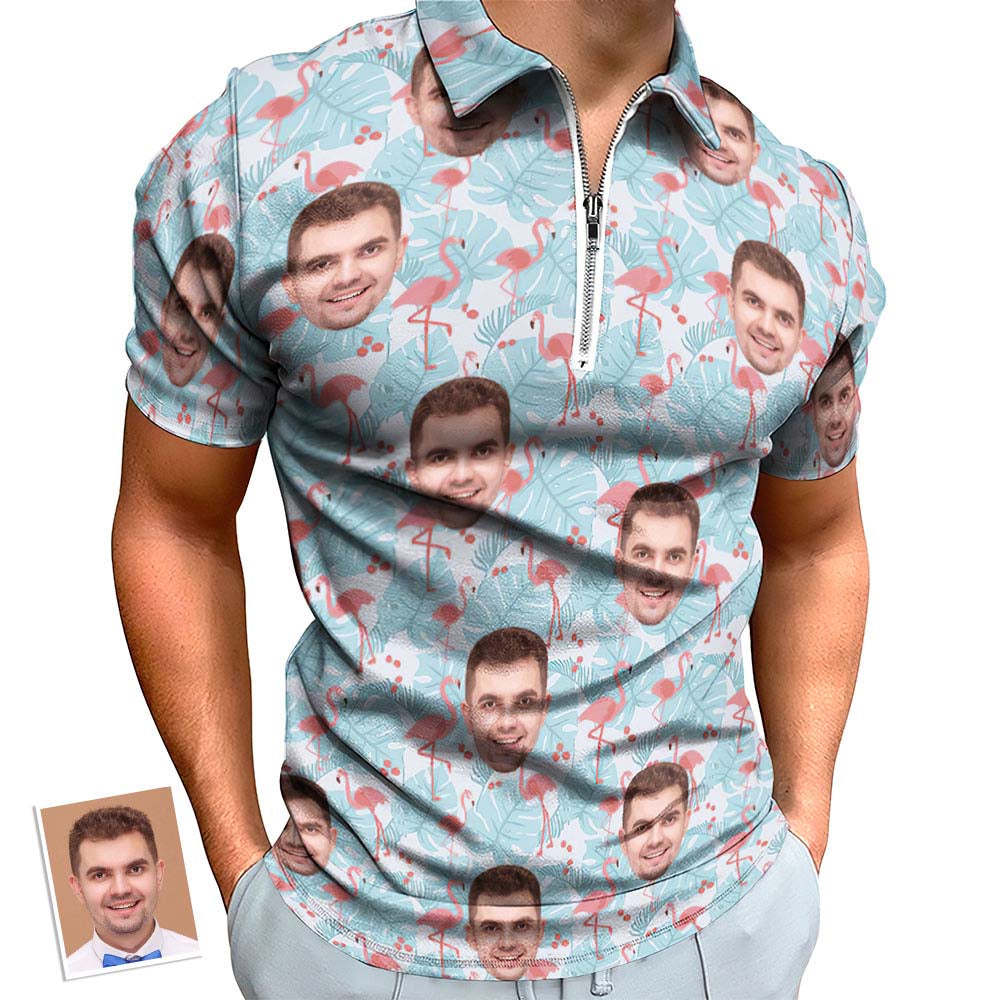 Custom Flamingo Blue Floral Men's Polo Shirt Personalized Face Funny Polo Shirt with Zipper