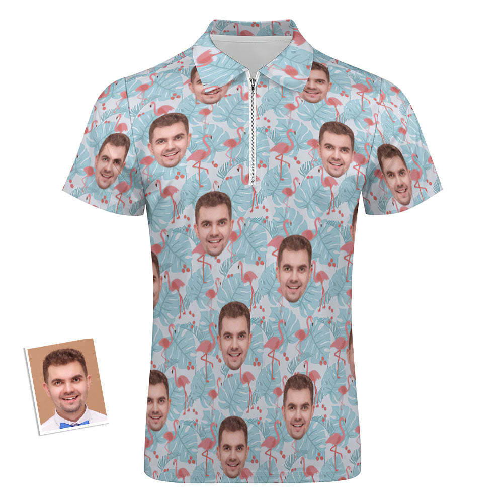 Custom Flamingo Blue Floral Men's Polo Shirt Personalized Face Funny Polo Shirt with Zipper