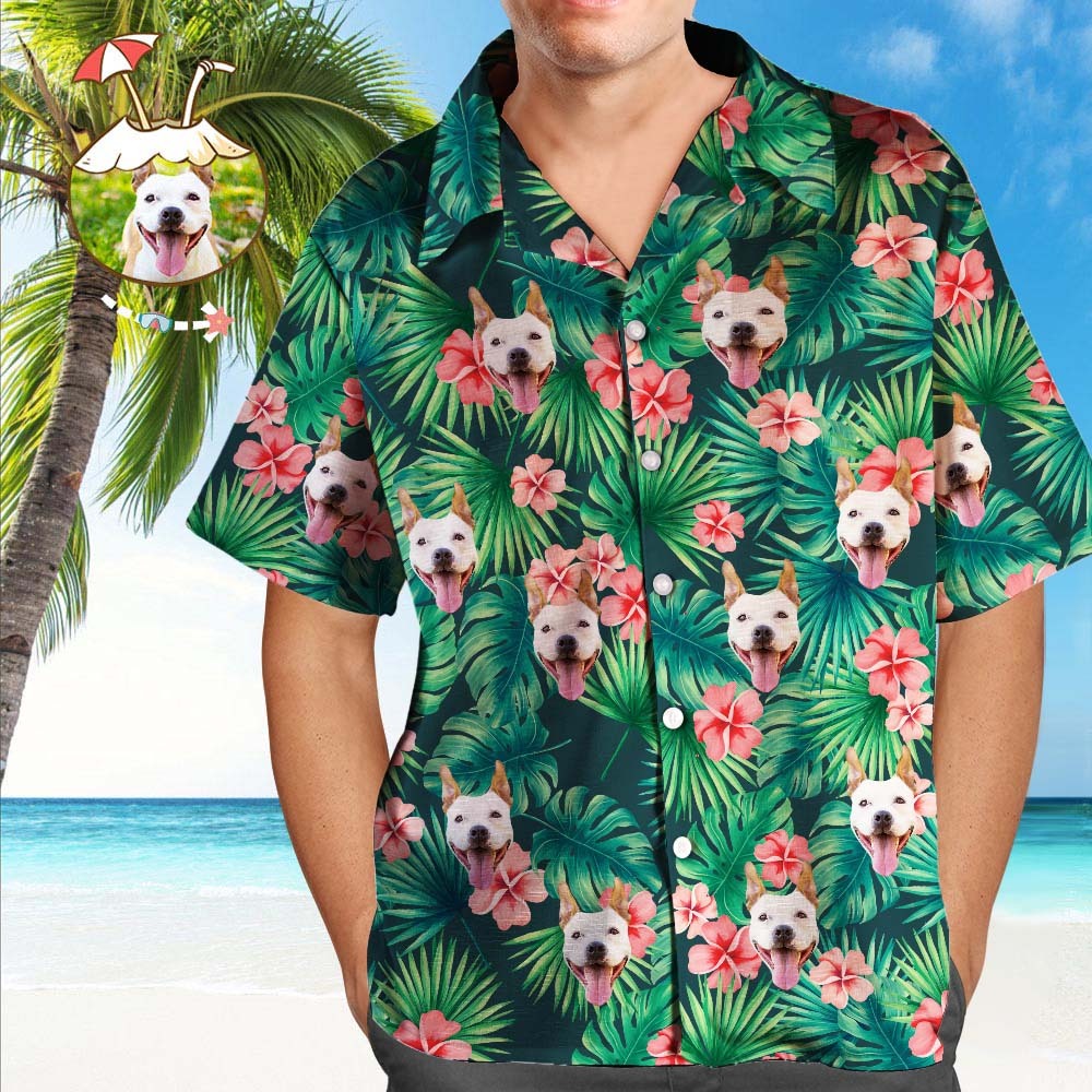 Custom Tropical Shirts Custom Dog Face Hawaiian Shirt Leaves & Flowers Shirt - Get Photo Blanket