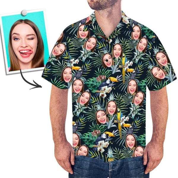 Custom Face All Over Print Hawaiian Shirt Flamingo Flowers And Leaves