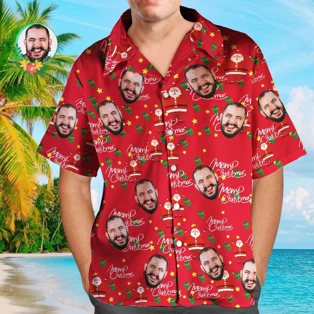 Custom Face Shirt Personalized Photo Men's Hawaiian Shirt Christmas Gift - Happy Santa - PetGiftsCustom