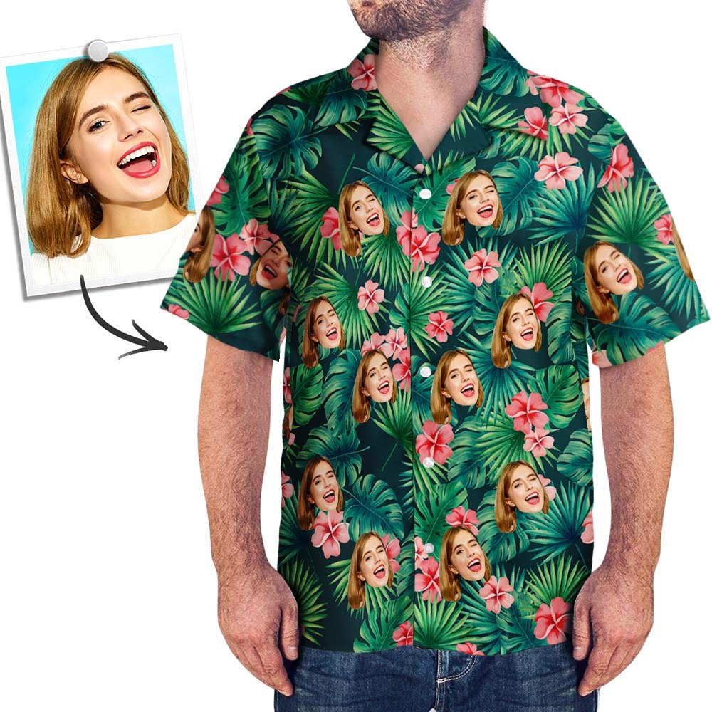 Custom Face All Over Print Hawaiian Shirt Flamingo Flowers And Leaves