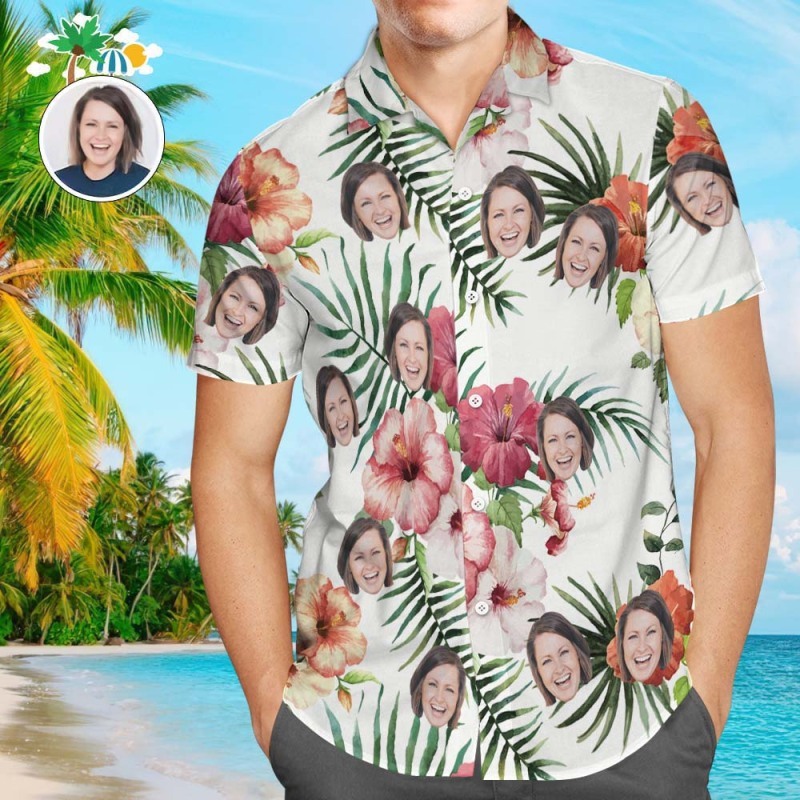Custom Face All Over Print Hawaiian Shirt Flamingo Flowers And Leaves