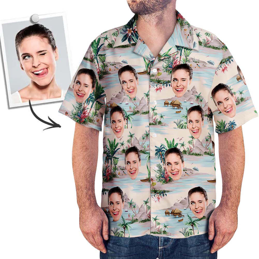 Custom Face All Over Print Hawaiian Shirt Flamingo Flowers And Leaves