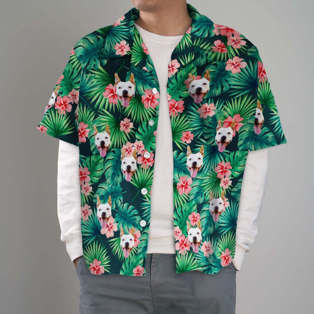 Custom Tropical Shirts Custom Dog Face Hawaiian Shirt Leaves & Flowers Shirt - Get Photo Blanket