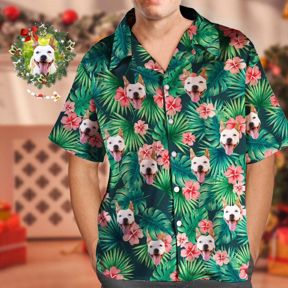 Custom Tropical Shirts Custom Dog Face Hawaiian Shirt Leaves & Flowers Shirt - Get Photo Blanket