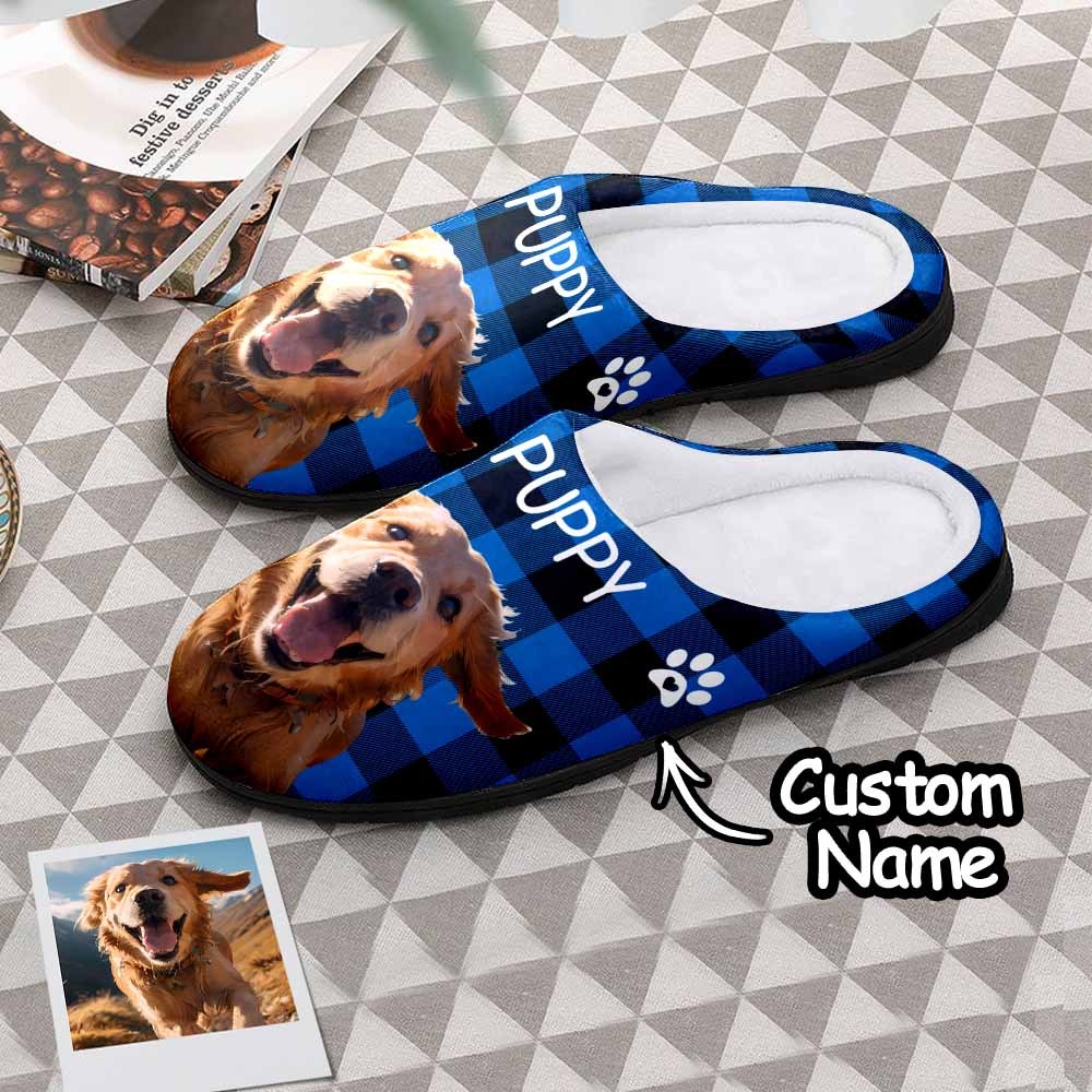 Custom Photo and Name Women Men Slippers With Footprint Personalized Green Casual House Cotton Slippers Christmas Gift For Pet Lover - Get Photo Blanket