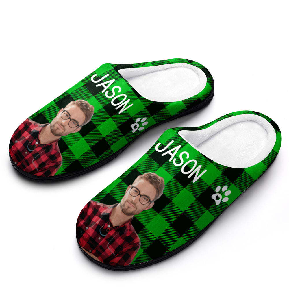 Custom Photo and Name Women Men Slippers With Footprint Personalized Green Casual House Cotton Slippers Christmas Gift For Pet Lover - Get Photo Blanket