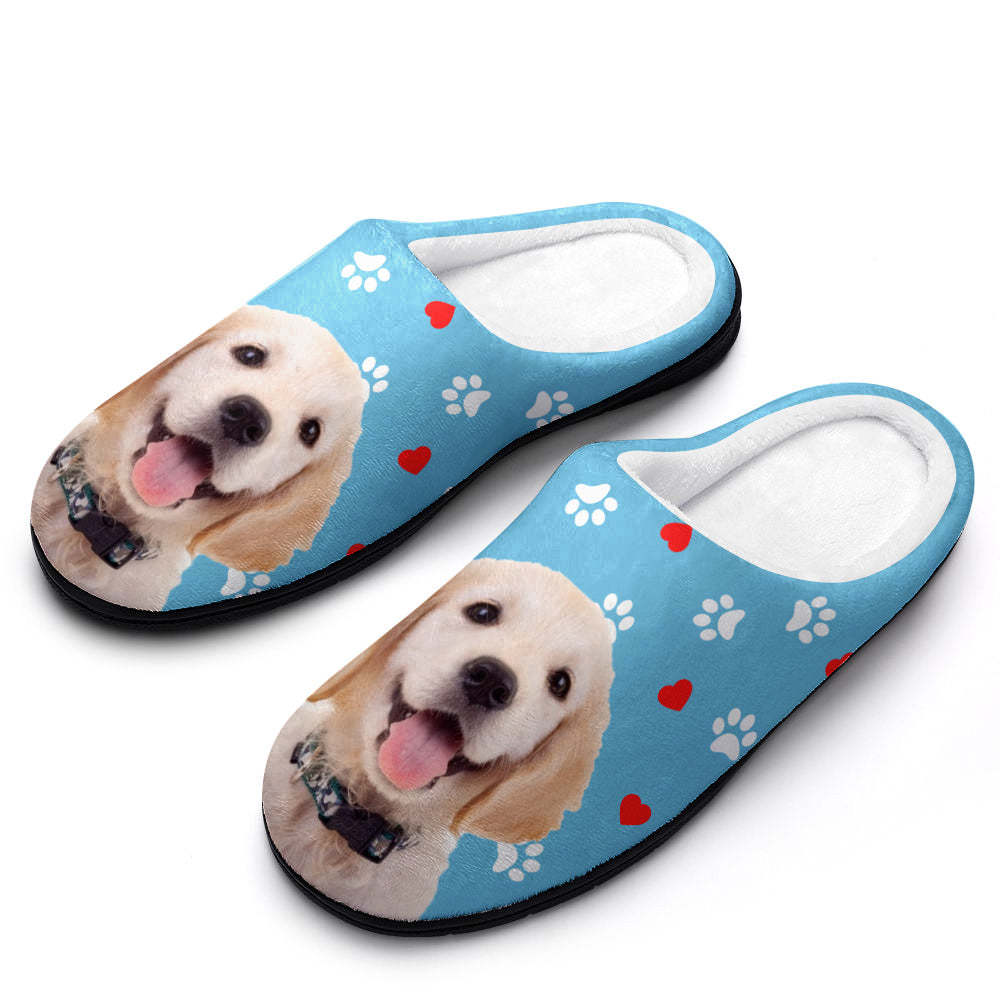 Custom Photo Women Men Slippers With Footprint and Heart Personalized Casual House Cotton Slippers Christmas Gift For Pet Lover - Get Photo Blanket