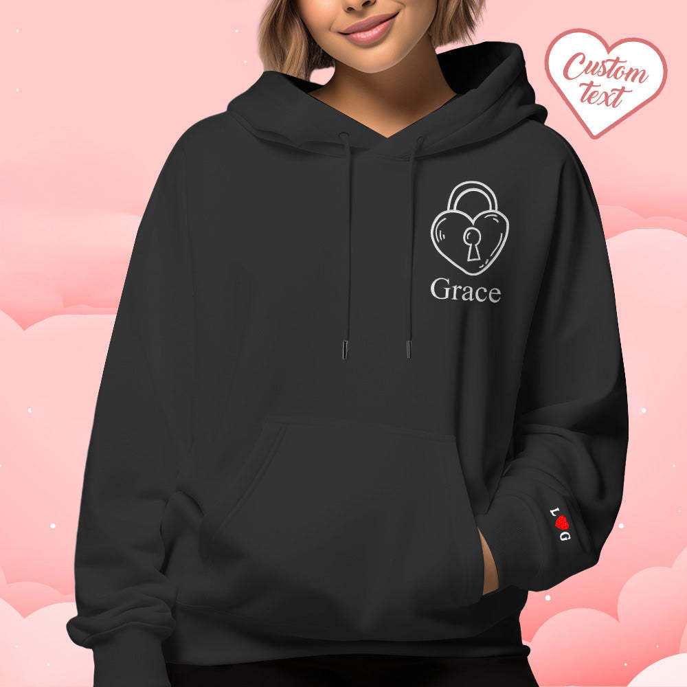 Custom Text Embroidered Hoodie Unique Heart Key And Lock Match Set Couple Sweatshirt - Get Photo Blanket