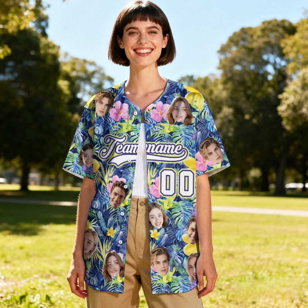 Personalized Hawaii Tropical Blue Bloom Baseball Shirt for Women Custom Face Teamname Name Number