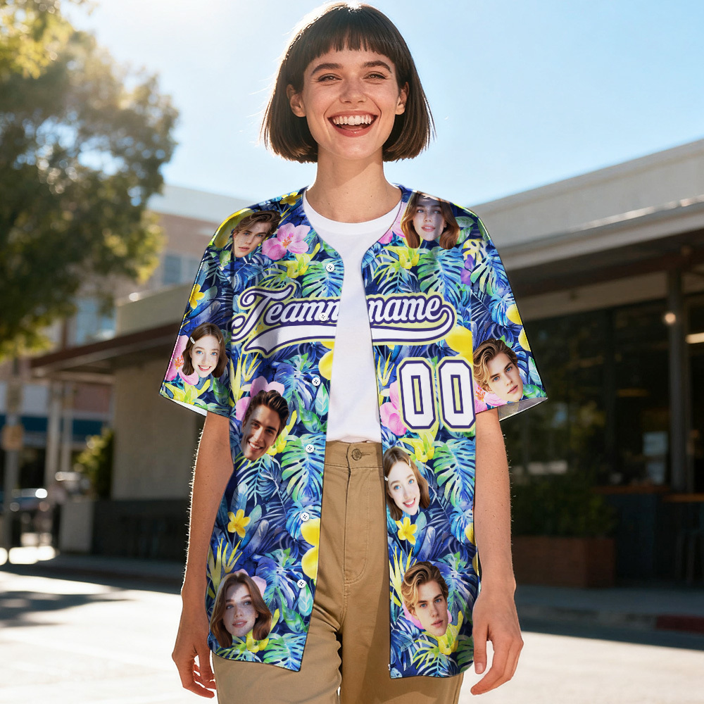 Personalized Hawaii Tropical Blue Bloom Baseball Shirt for Women Custom Face Teamname Name Number