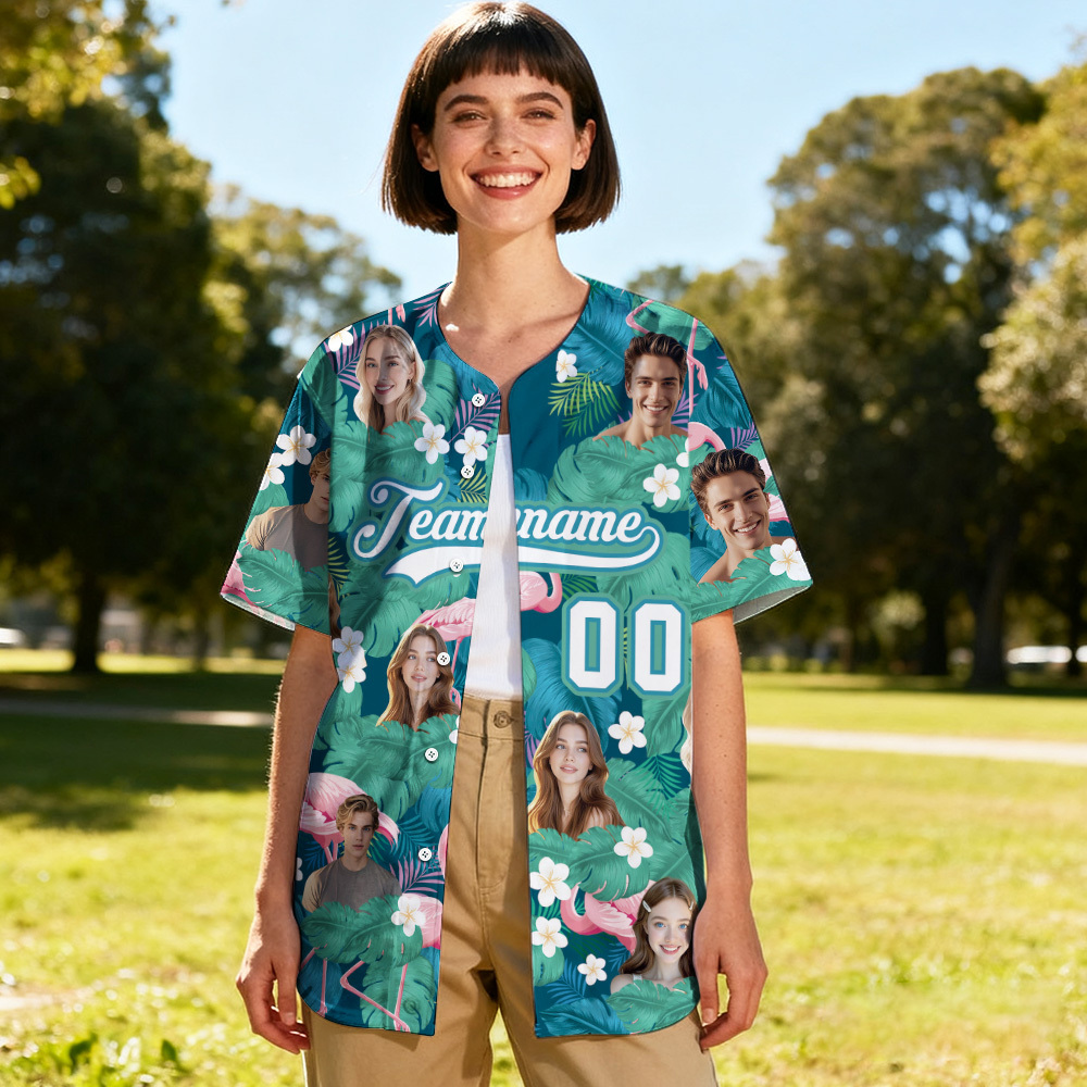 Personalized Hawaiian Leaf Flamingo Pattern Baseball Jersey with Face Teamname Name Number Custom Hawaii Floral Shirt for Women