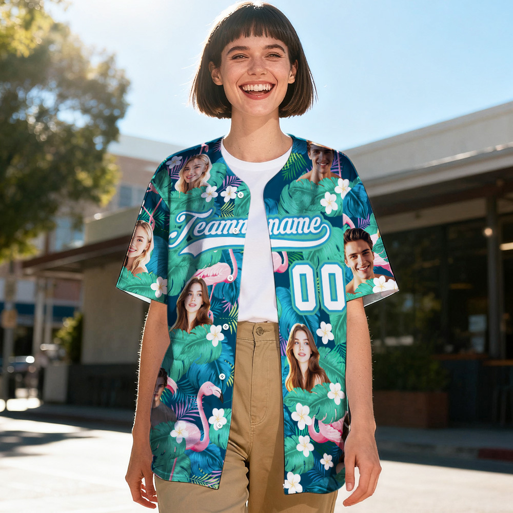 Personalized Hawaiian Leaf Flamingo Pattern Baseball Jersey with Face Teamname Name Number Custom Hawaii Floral Shirt for Women