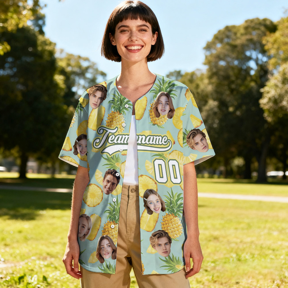 Custom Hawaiian Tropical Fruit Pineapple Pattern Baseball Jersey with Face Teamname Name Number Personalized Hawaii Floral Shirt for Women