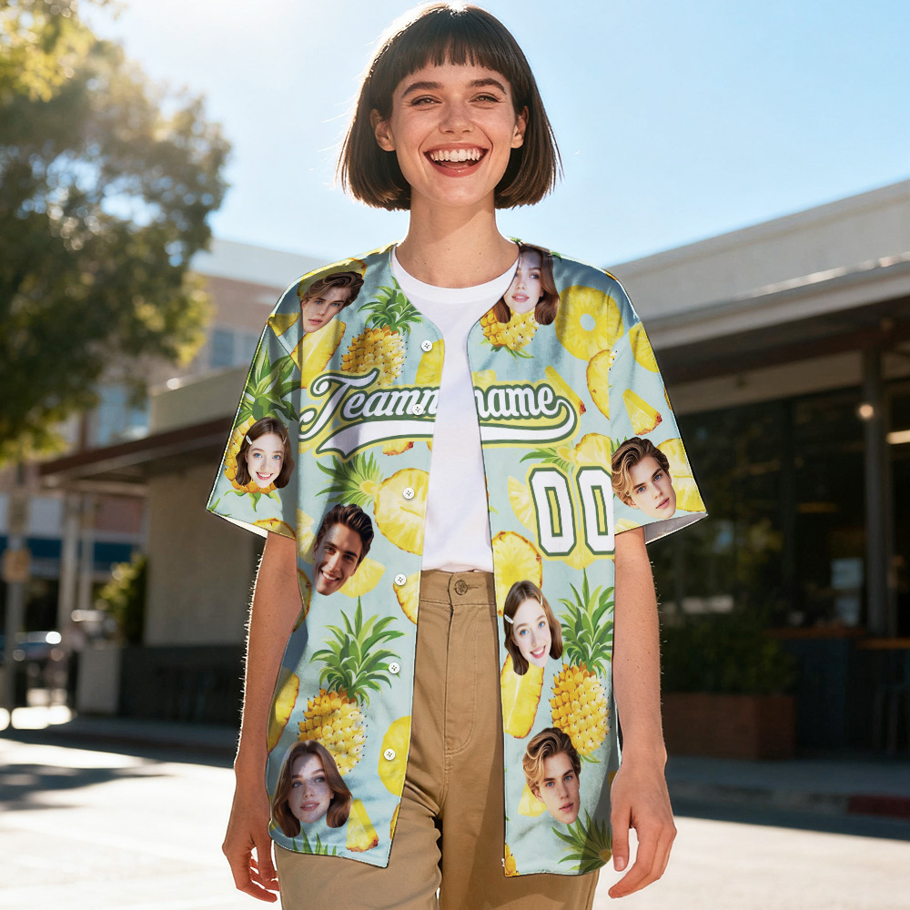 Custom Hawaiian Tropical Fruit Pineapple Pattern Baseball Jersey with Face Teamname Name Number Personalized Hawaii Floral Shirt for Women