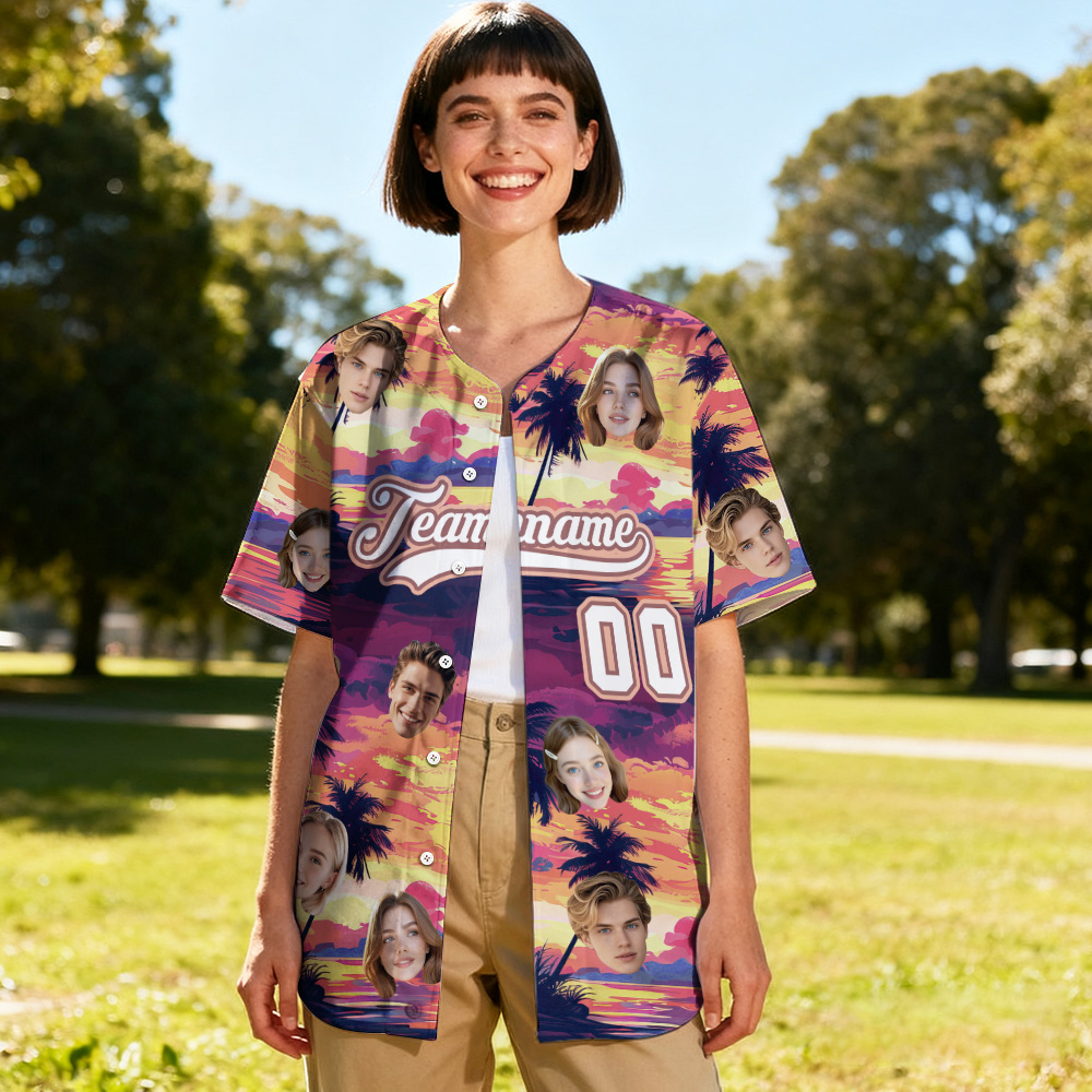 Custom Hawaii Sunset Palm Escape Shirt for Women Personalized Hawaiian Baseball Jersey with Face Teamname Name Number