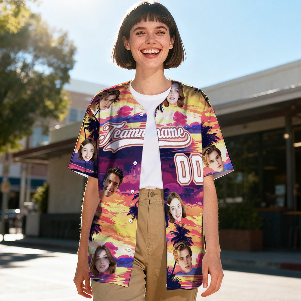 Custom Hawaii Sunset Palm Escape Shirt for Women Personalized Hawaiian Baseball Jersey with Face Teamname Name Number