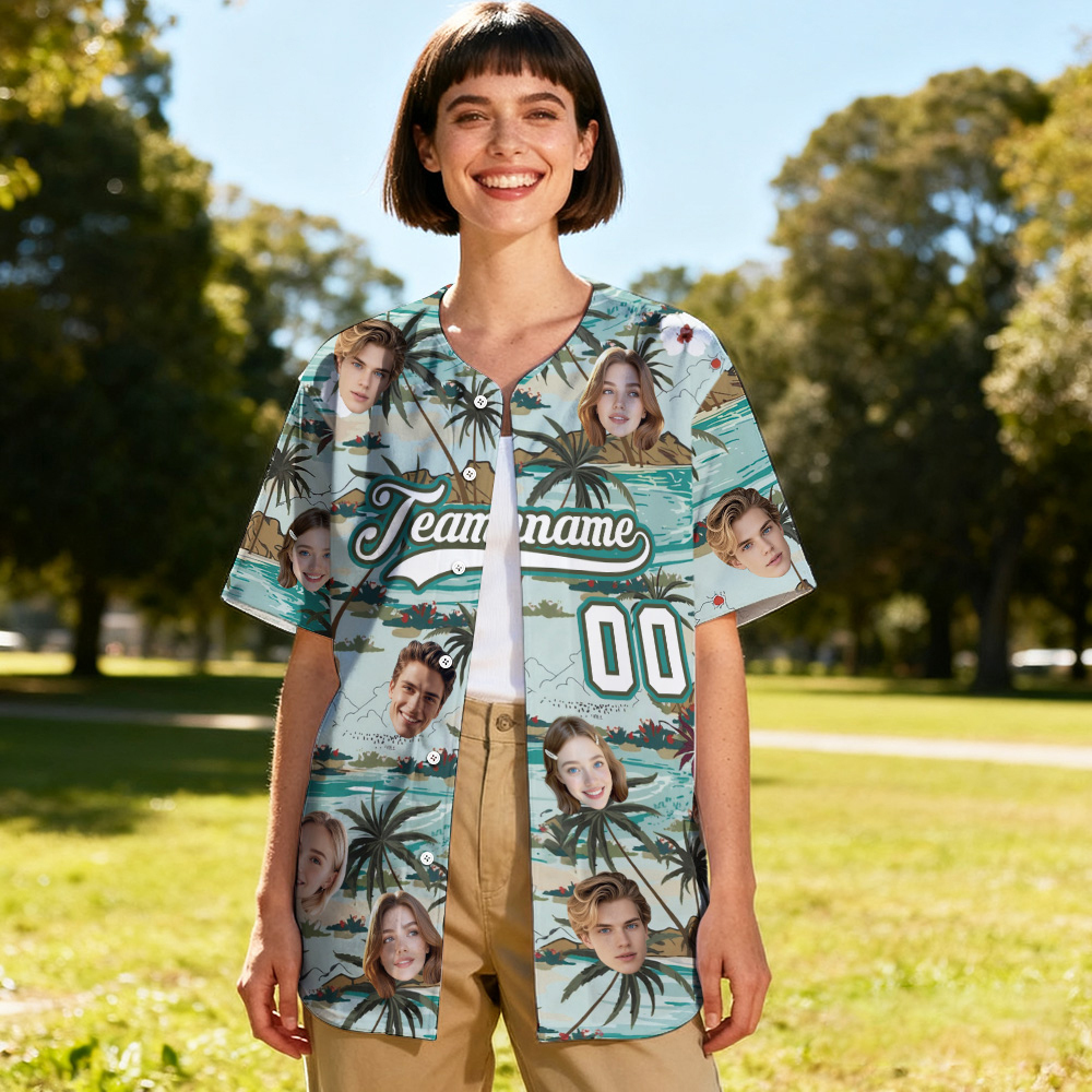 Personalized Hawaiian Seaside Coconut Tree Pattern Baseball Jersey with Face Teamname Name Number Custom Hawaii Floral Shirt for Women Baseball Jersey with Face Teamname Name Number