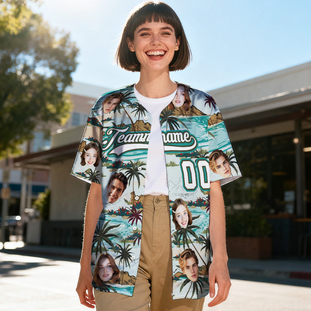 Personalized Hawaiian Seaside Coconut Tree Pattern Baseball Jersey with Face Teamname Name Number Custom Hawaii Floral Shirt for Women Baseball Jersey with Face Teamname Name Number