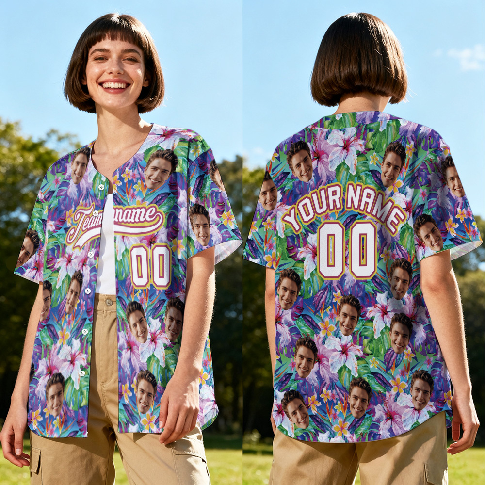 Personalized Hawaii Floral Shirt for Women Custom Hawaiian Baseball Jersey with Face Teamname Name Number