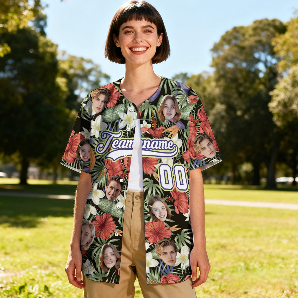 Custom Hawaiian Paradise Hibiscus Baseball Jersey with Face Teamname Name Number Personalized Hawaii Floral Shirt for Women
