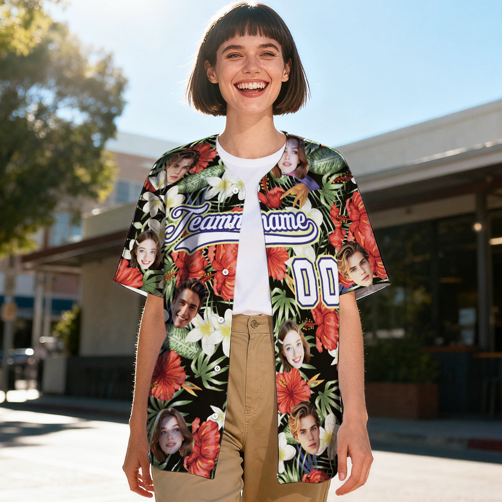 Custom Hawaiian Paradise Hibiscus Baseball Jersey with Face Teamname Name Number Personalized Hawaii Floral Shirt for Women