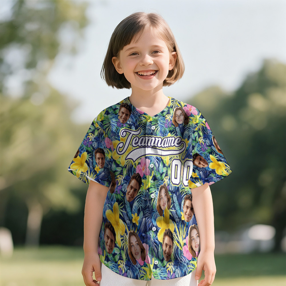 Personalized Hawaii Floral Shirt for Kids Custom Hawaiian Baseball Jersey with Face Teamname Name Number