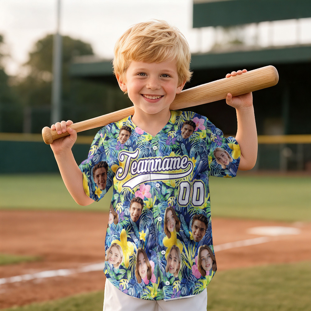 Personalized Hawaii Floral Shirt for Kids Custom Hawaiian Baseball Jersey with Face Teamname Name Number