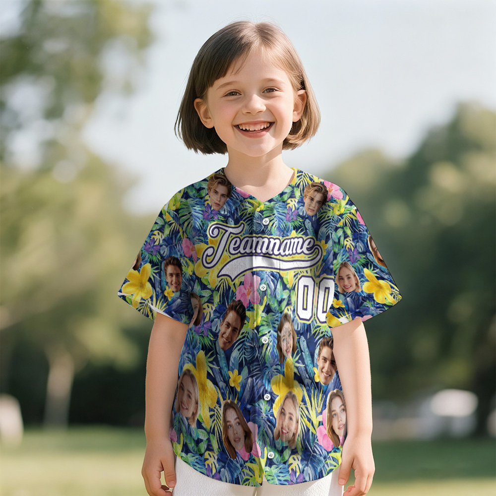 Personalized Hawaii Floral Shirt for Kids Custom Hawaiian Baseball Jersey with Face Teamname Name Number