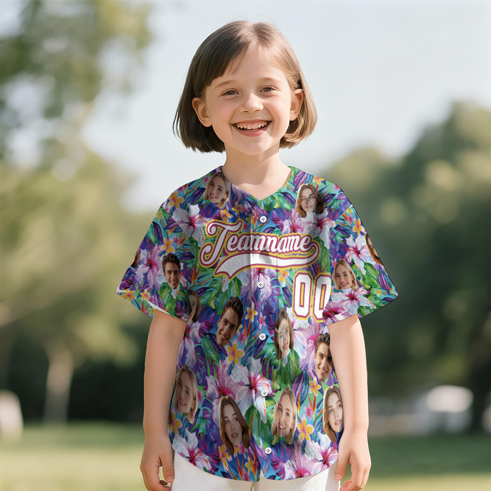 Personalized Hawaii Floral Shirt for Kids Custom Hawaiian Baseball Jersey with Face Teamname Name Number