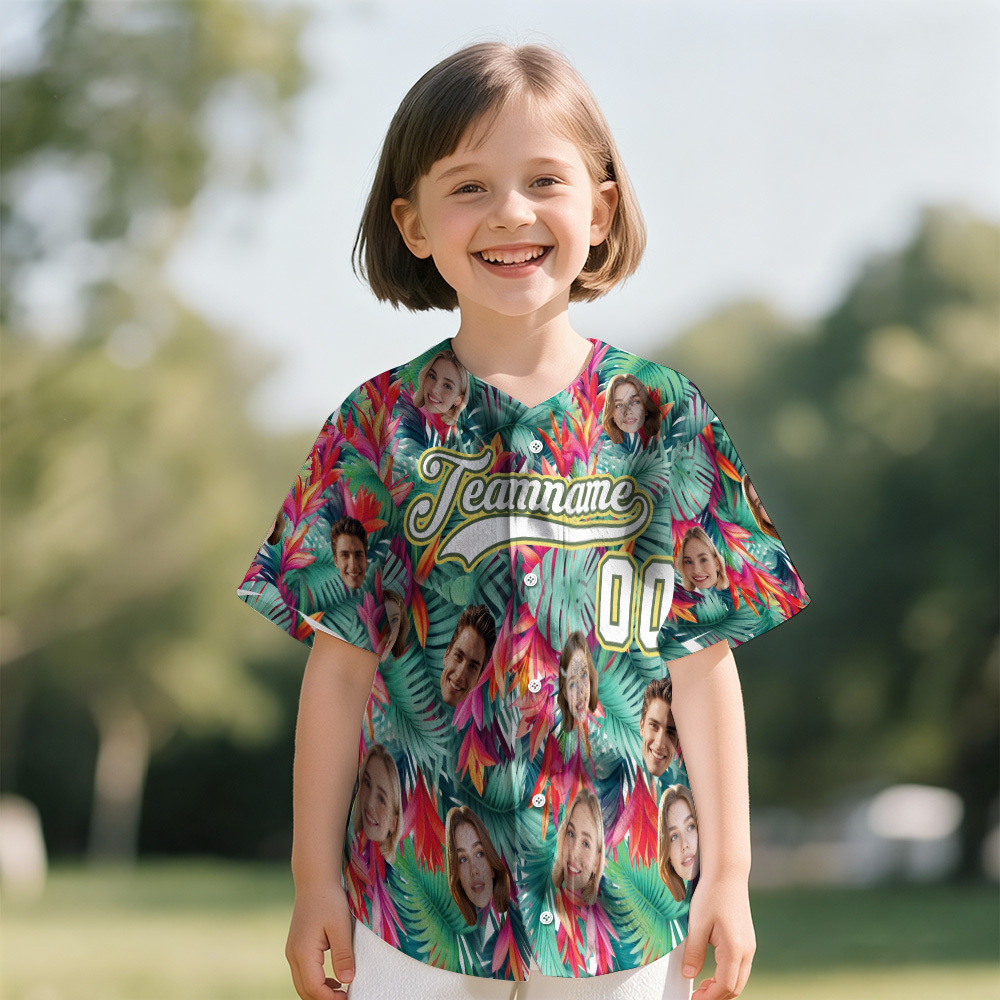 Personalized Hawaii Floral Shirt for Kids Custom Hawaiian Baseball Jersey with Face Teamname Name Number