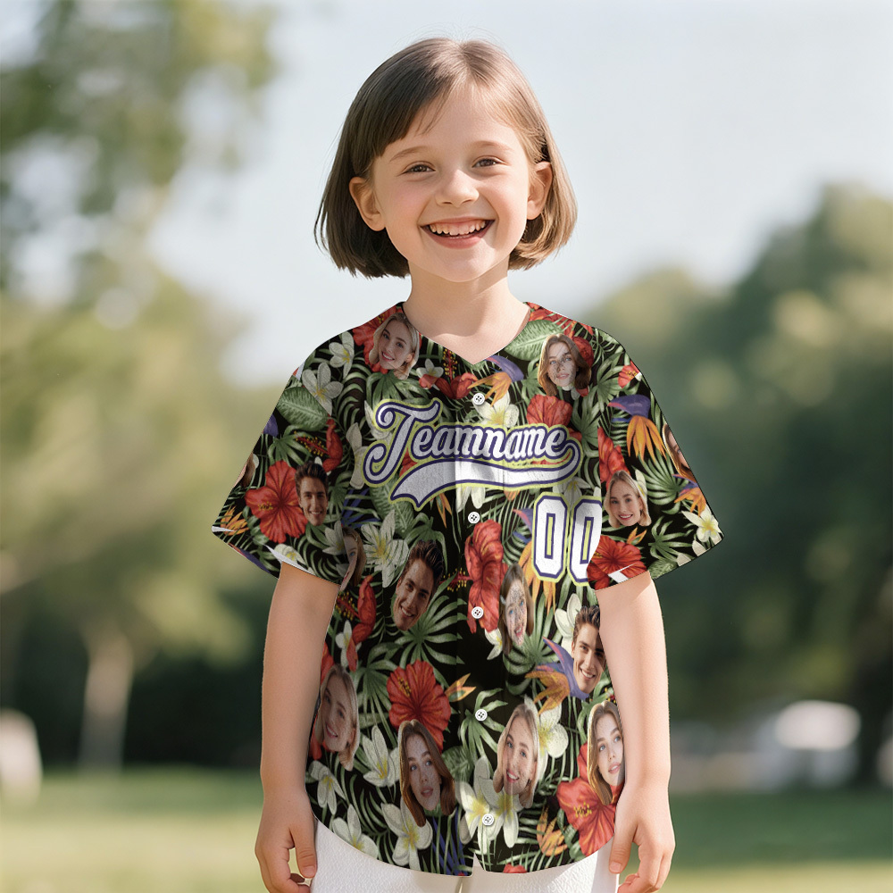 Personalized Hawaii Floral Shirt for Kids Custom Hawaiian Baseball Jersey with Face Teamname Name Number