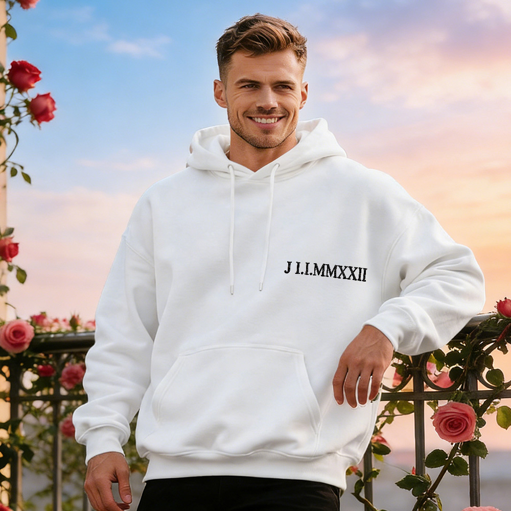 Custom Engraved Hooded Embroidery Round Neck Roman Numeral Date Couple Gifts