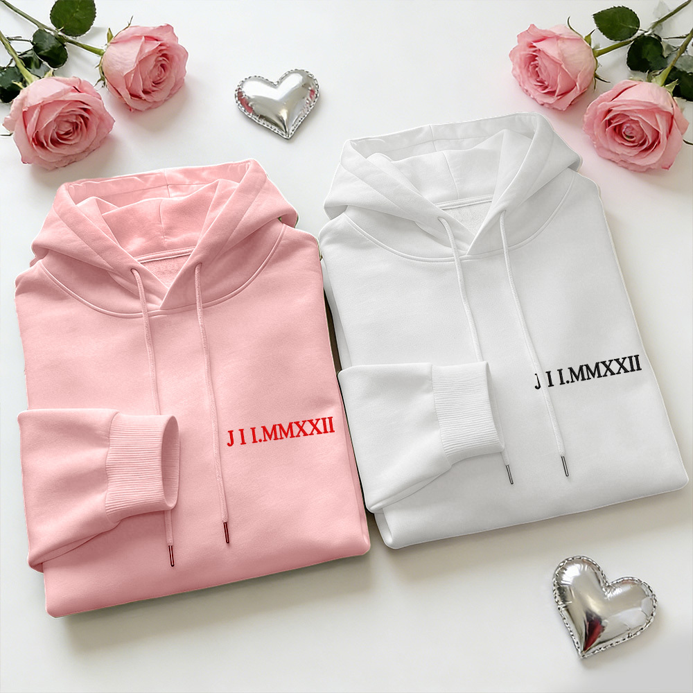 Custom Engraved Hooded Embroidery Round Neck Roman Numeral Date Couple Gifts