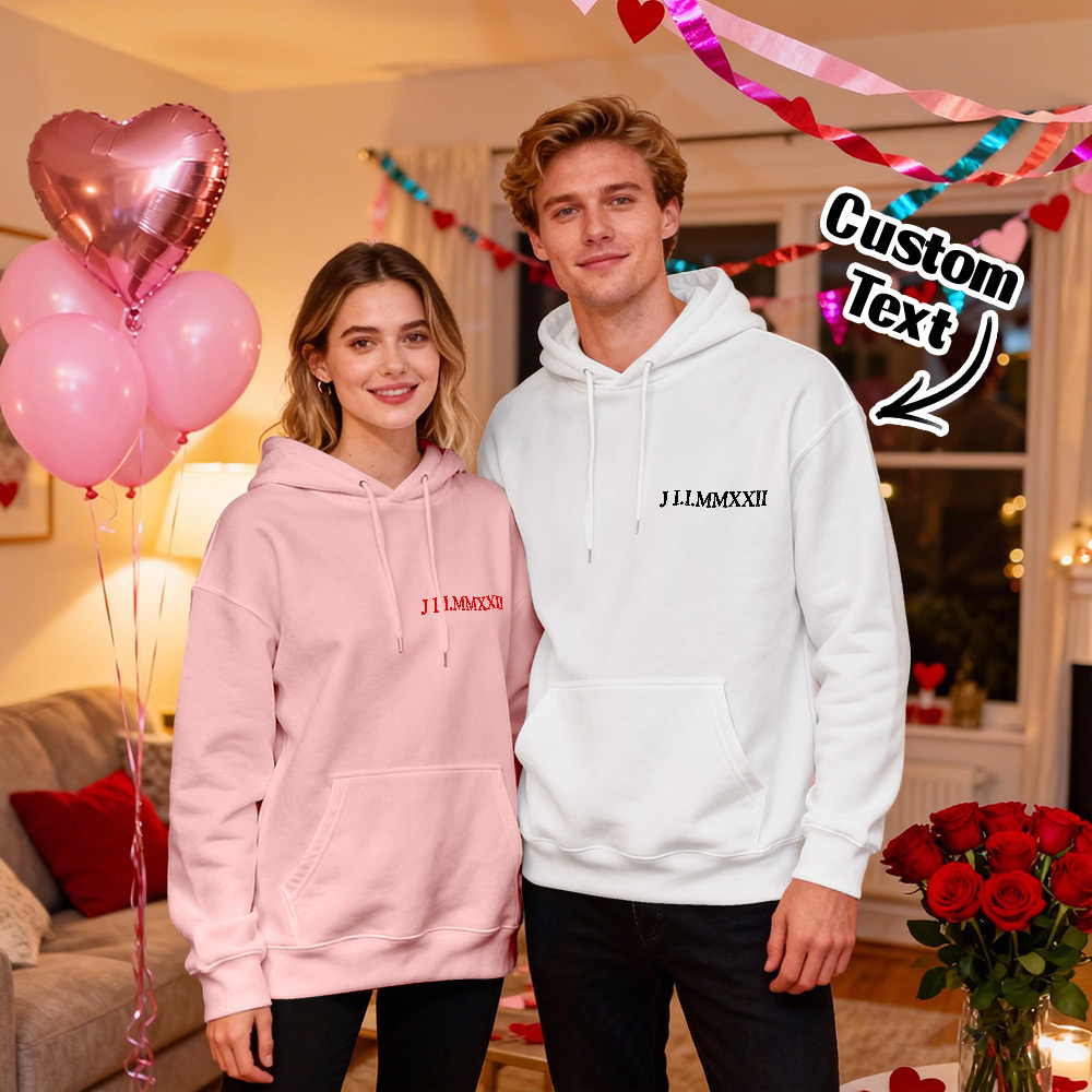 Custom Engraved Hooded Embroidery Round Neck Roman Numeral Date Couple Gifts