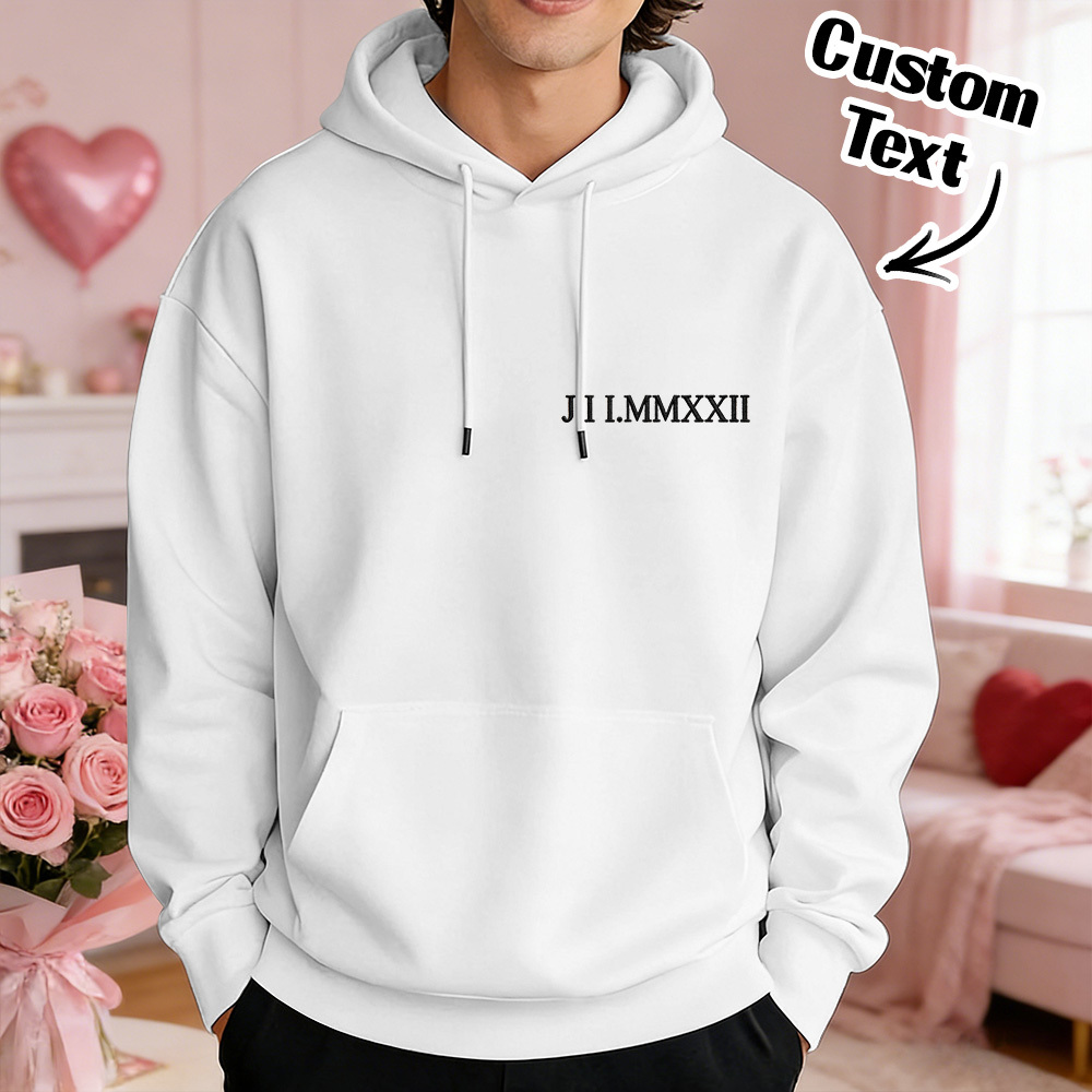 Custom Engraved Hooded Embroidery Round Neck Roman Numeral Date Couple Gifts