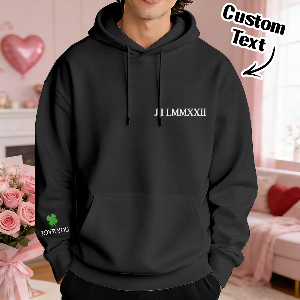 Custom Engraved Hooded Embroidery Round Neck Roman Numeral Date Couple Gifts