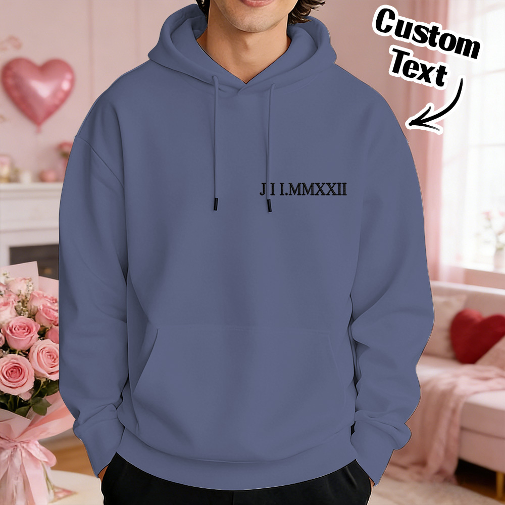 Custom Engraved Hooded Embroidery Round Neck Roman Numeral Date Couple Gifts