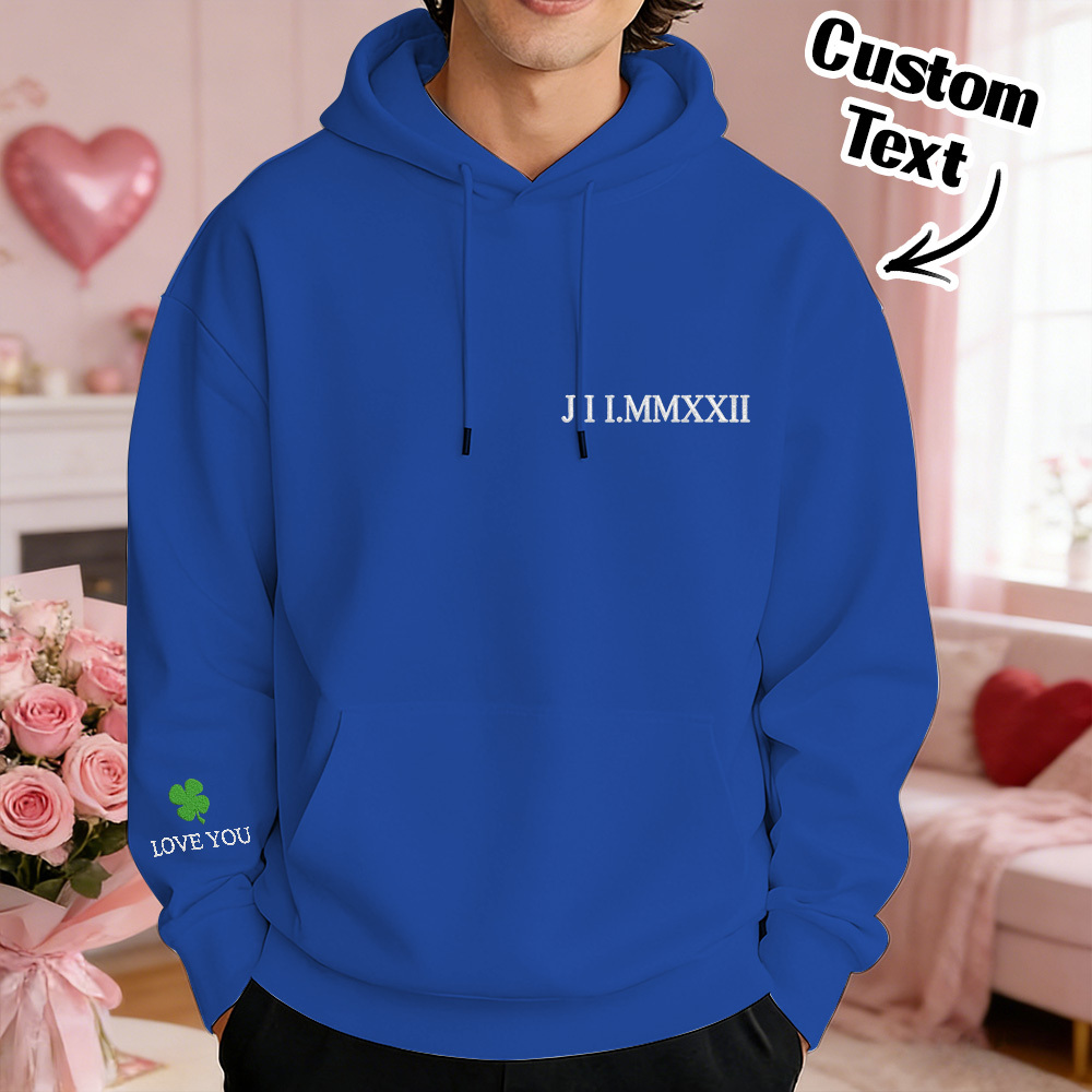 Custom Engraved Hooded Embroidery Round Neck Roman Numeral Date Couple Gifts