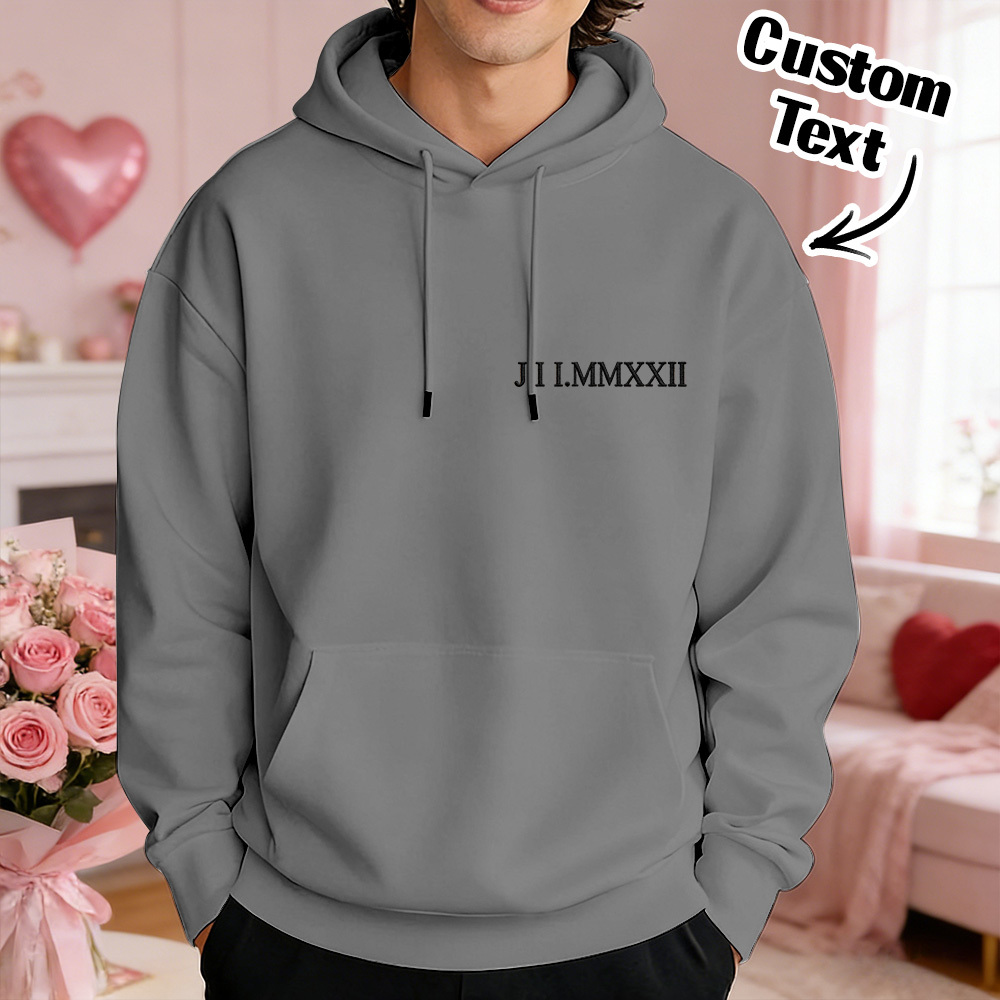 Custom Engraved Hooded Embroidery Round Neck Roman Numeral Date Couple Gifts