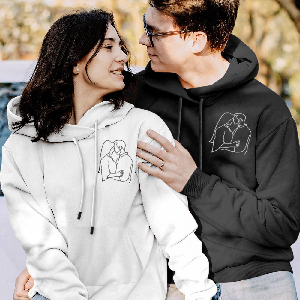 Custom Embroidered Pocket Portrait From Photo Outline Photo Sweatshirt Custom Photo Couple Hoodie Gift For Bf - soufeelus