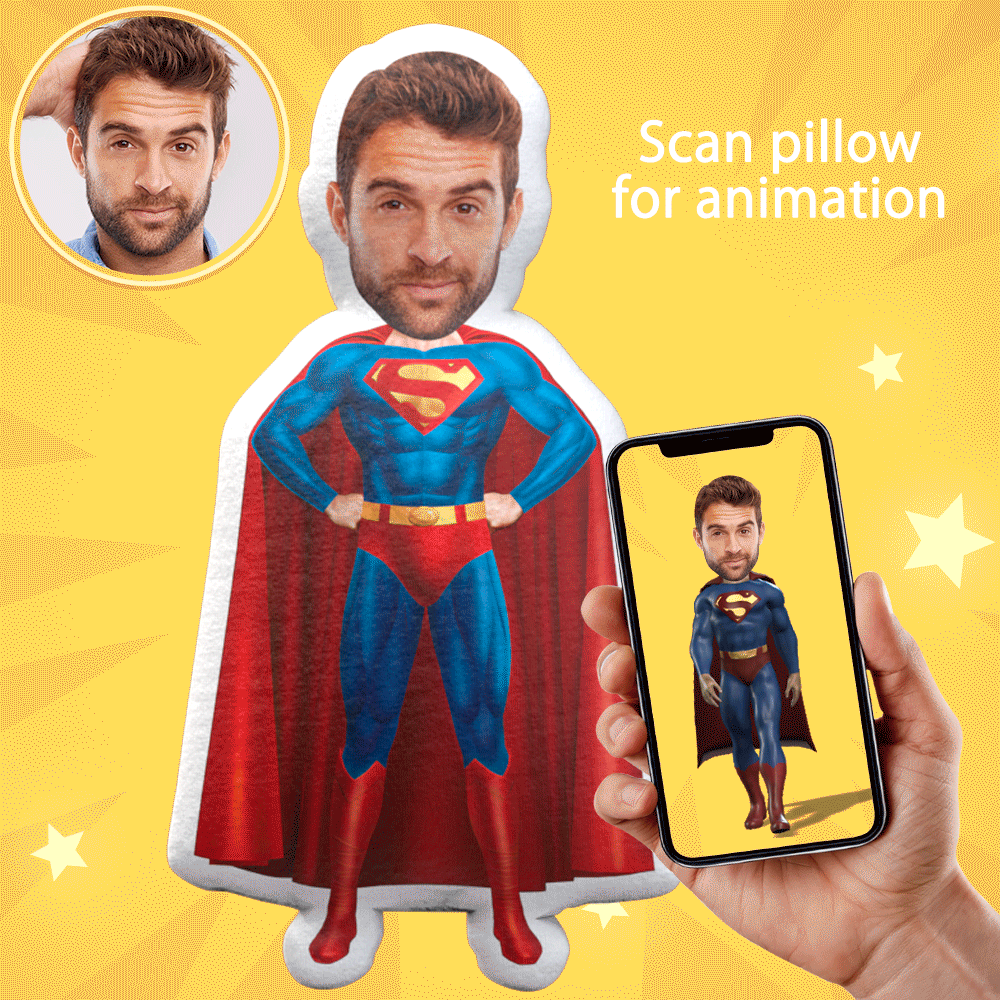 Custom Photo Doll Superman Face Doll Throw Pillow AR View Gift - Get Photo Blanket